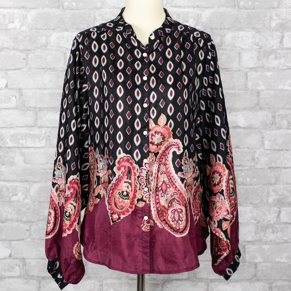 Lucky Brand Silk Paisley Button Down Blouse Red M
